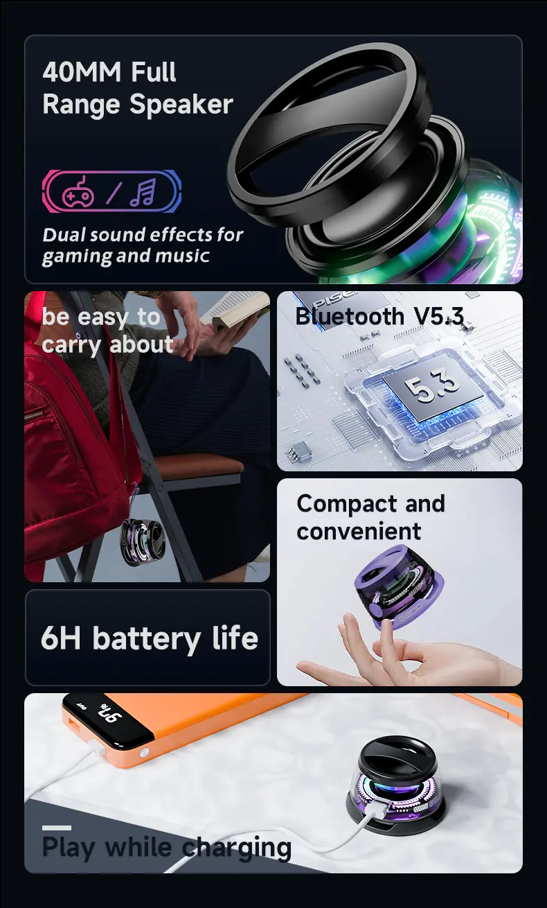 Boxă magnetică de buzunar (5,9 x 5,9 x 5,9 cm), mini Speaker cu Bluetooth 5.3, efecte duale de sunet sincronizate cu iluminarea RGB, încărcare USB, autonomie foarte mare - imagine 4