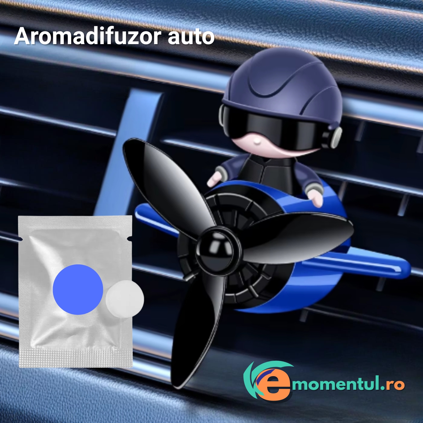 Aromadifuzor auto PILOT cu elice rotativă pentru ventilația autoturismului, 3 arome diferite, albastru - imagine 5