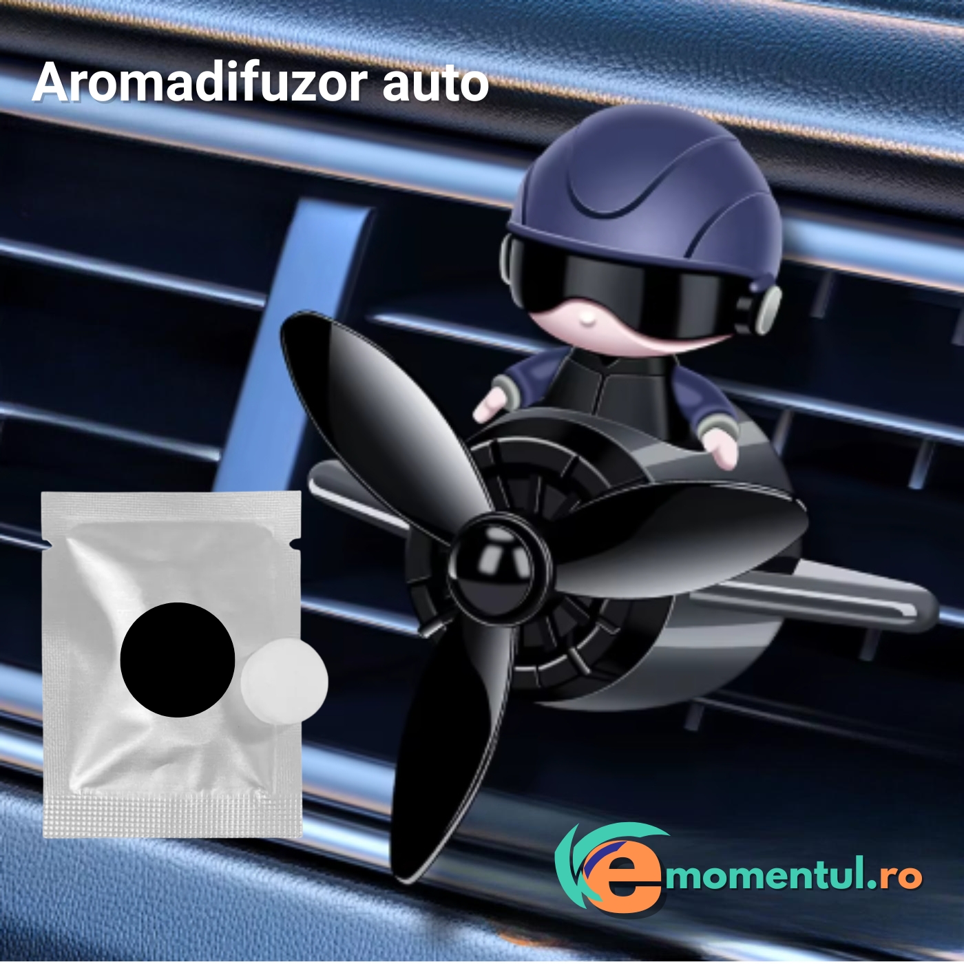 Aromadifuzor auto PILOT cu elice rotativă pentru ventilația autoturismului, 3 arome diferite, negru - imagine 5