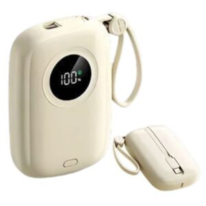 Baterie externă multifuncțională, Power Bank de buzunar cu încărcare ultra rapidă și 2 cabluri integrate, 22,5W, 10000mAh, Afișaj digital, crem