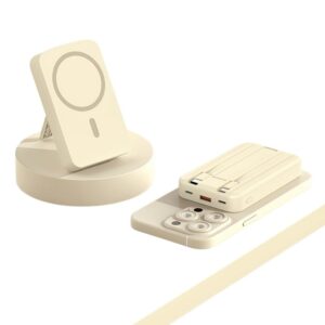 Baterie externă multifuncțională, Power Bank cu încărcare magnetică MagSafe rapidă 22,5W, 10000mAh, crem