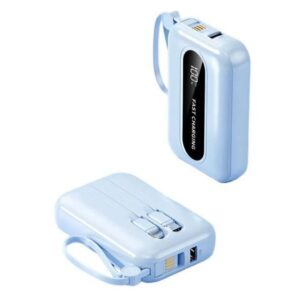 Baterie externă multifuncțională, Power Bank de buzunar cu încărcare ultra rapidă și cabluri integrate, 22,5W, 10000mAh, Afișaj digital, bleu
