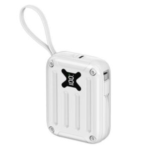 Baterie externă multifuncțională, Power Bank de buzunar cu încărcare ultra rapidă și 2 cabluri detașabile integrate, 22,5W, 10000mAh, Afișaj digital, alb