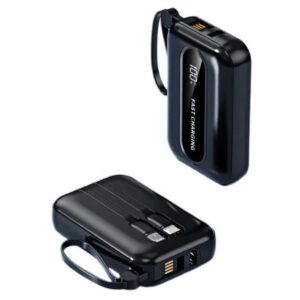 Baterie externă multifuncțională, Power Bank de buzunar cu încărcare ultra rapidă și cabluri integrate, 22,5W, 10000mAh, Afișaj digital, negru