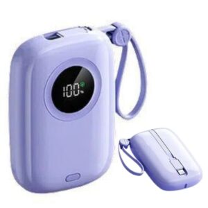 Baterie externă multifuncțională, Power Bank de buzunar cu încărcare ultra rapidă și 2 cabluri integrate, 22,5W, 10000mAh, Afișaj digital, mov
