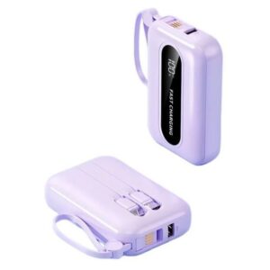 Baterie externă multifuncțională, Power Bank de buzunar cu încărcare ultra rapidă și cabluri integrate, 22,5W, 10000mAh, Afișaj digital, mov