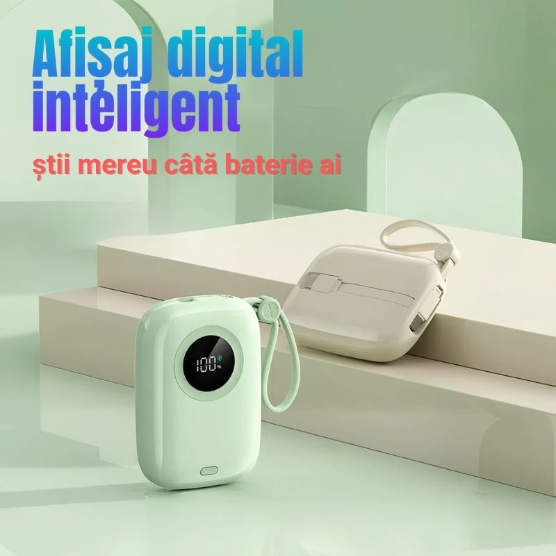 Baterie externă multifuncțională, Power Bank de buzunar cu încărcare ultra rapidă și 2 cabluri integrate, 22,5W, 10000mAh, Afișaj digital, crem - imagine 2