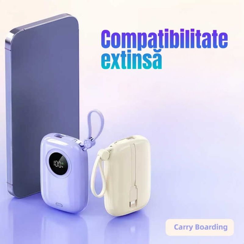 Baterie externă multifuncțională, Power Bank de buzunar cu încărcare ultra rapidă și 2 cabluri integrate, 22,5W, 10000mAh, Afișaj digital, crem - imagine 3