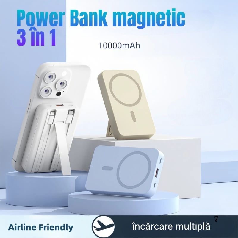 Baterie externă multifuncțională, Power Bank cu încărcare magnetică MagSafe rapidă 22,5W, 10000mAh, negru - imagine 3