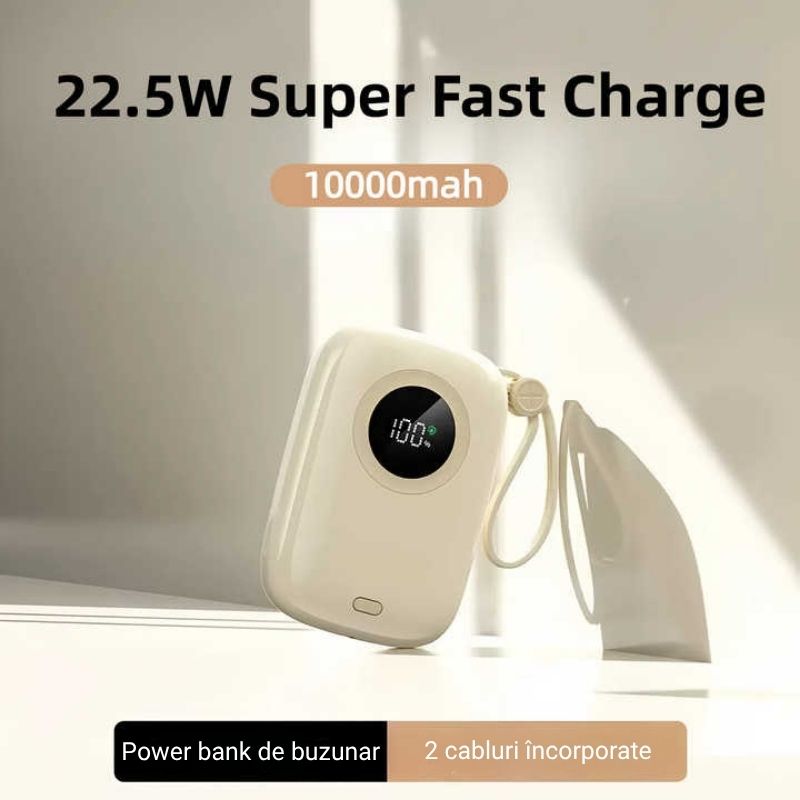 Baterie externă multifuncțională, Power Bank de buzunar cu încărcare ultra rapidă și 2 cabluri integrate, 22,5W, 10000mAh, Afișaj digital, crem - imagine 4