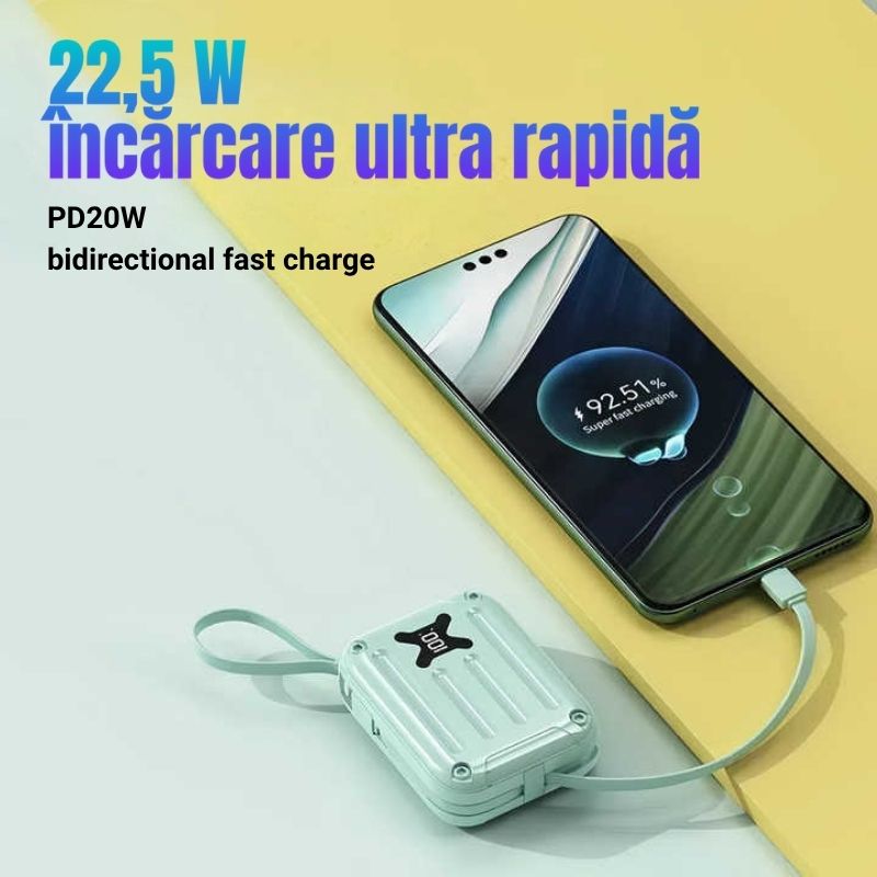 Baterie externă multifuncțională, Power Bank de buzunar cu încărcare ultra rapidă și 2 cabluri detașabile integrate, 22,5W, 10000mAh, Afișaj digital, alb - imagine 3