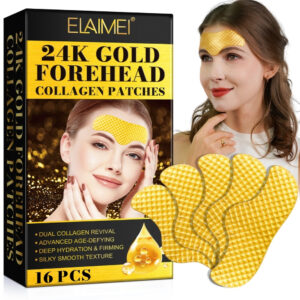 Mască de Frunte cu Aur de 24K, Colagen, Aloe Vera, Unt de Shea și Vitamina E | Anti-rid, Hidratare Intensă, Fermitate, Set 16 buc, ELAIMEI®