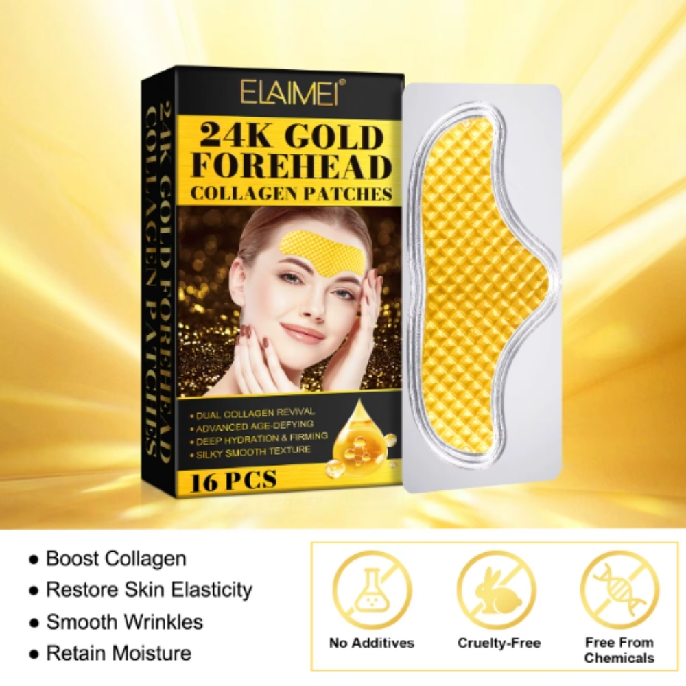 Mască de Frunte cu Aur de 24K, Colagen, Aloe Vera, Unt de Shea și Vitamina E | Anti-rid, Hidratare Intensă, Fermitate, Set 16 buc, ELAIMEI® - imagine 11