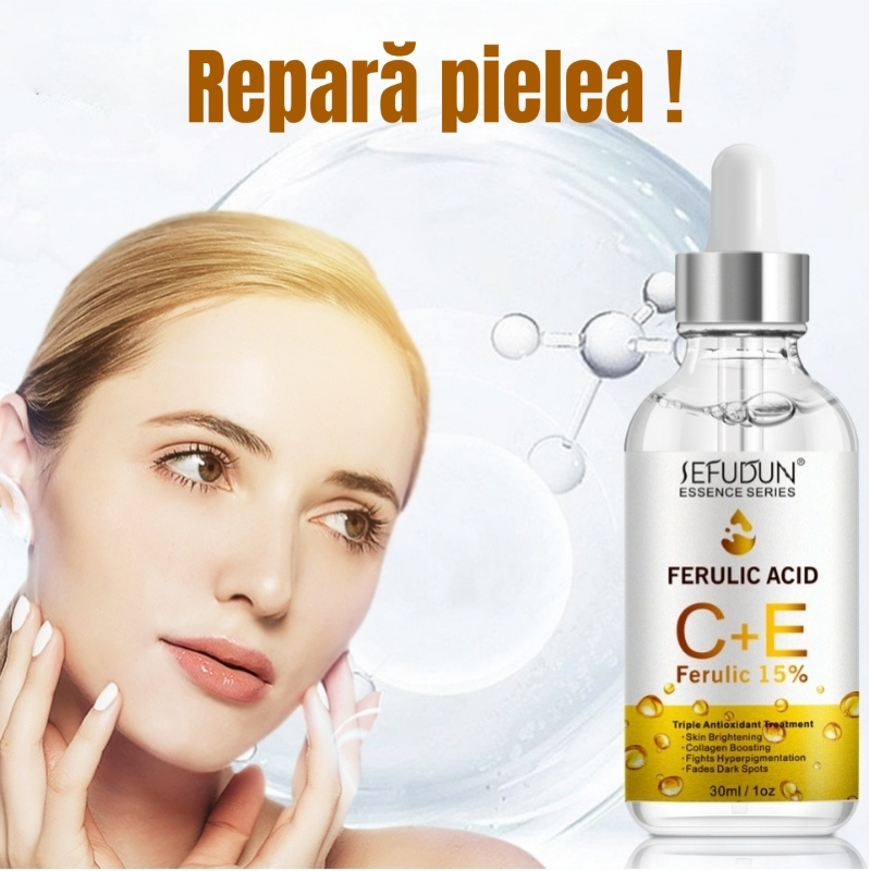 Ser facial anti-aging cu triplu impact, Acid Ferulic, Vitamina C + Vitamina E, pentru luminozitate și fermitate, 30 ml, SEFUDUN® - imagine 2
