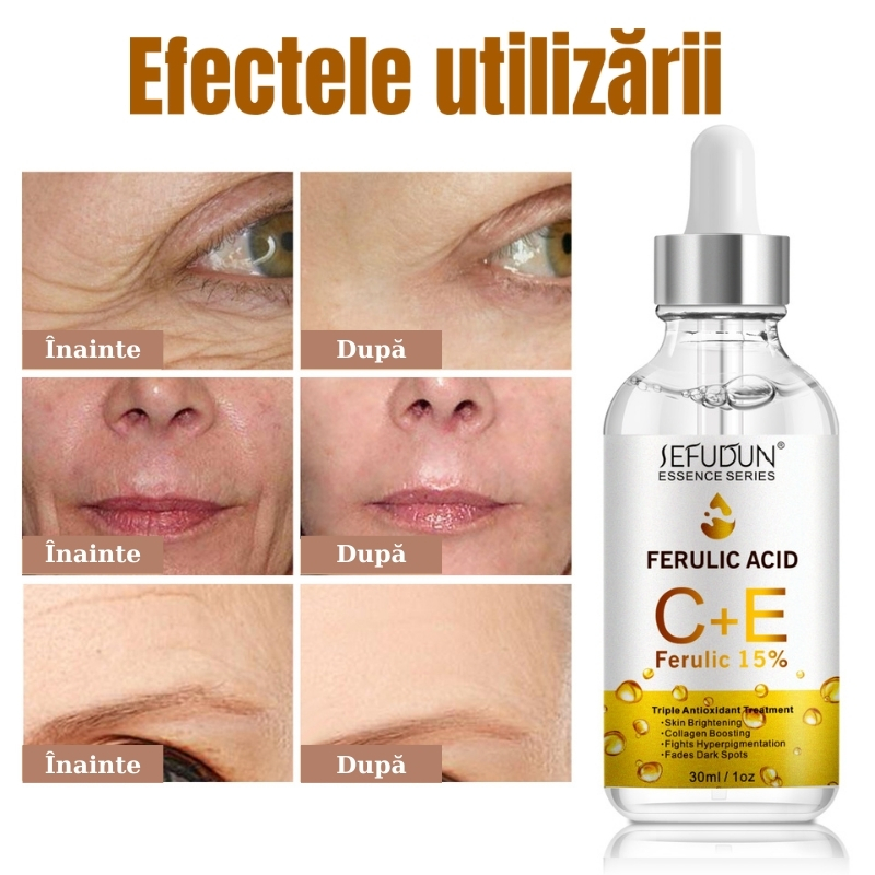 Ser facial anti-aging cu triplu impact, Acid Ferulic, Vitamina C + Vitamina E, pentru luminozitate și fermitate, 30 ml, SEFUDUN® - imagine 3