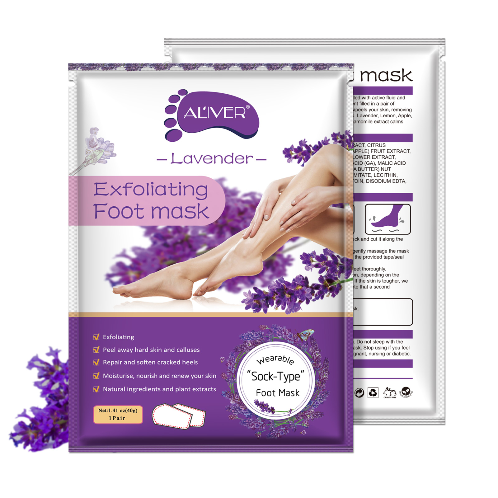 Șosete exfoliante, Mască pentru picioare cu Acid Hialuronic, Vitamina C și extract de Lavandă | Calmarea pielii și regenerare profundă pentru tălpi fine, ALIVER® - imagine 5