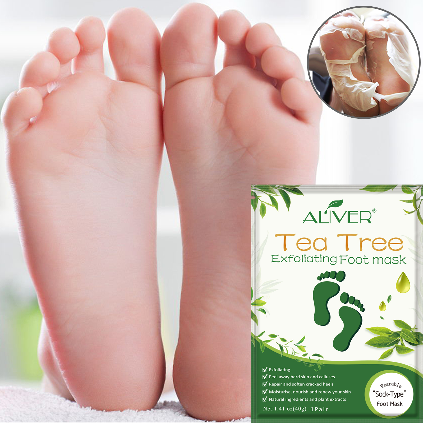 Șosete exfoliante, Mască pentru picioare cu extract de Arbore de Ceai (Tea Tree), Glicerină și Unt de Shea | Purificare profundă, calmare și regenerare pentru picioare, ALIVER® - imagine 2
