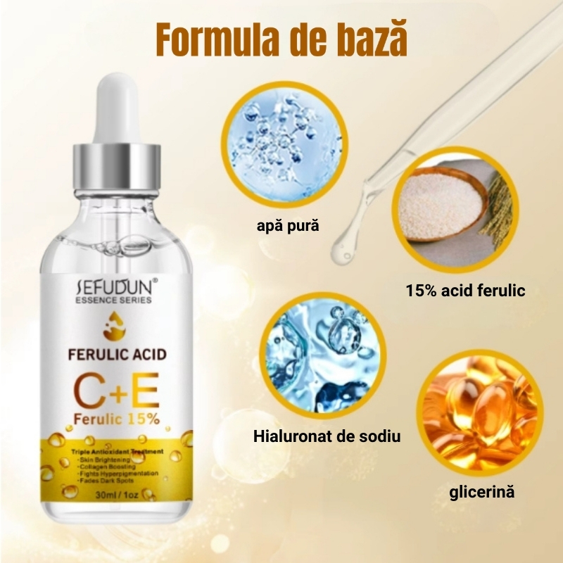 Ser facial anti-aging cu triplu impact, Acid Ferulic, Vitamina C + Vitamina E, pentru luminozitate și fermitate, 30 ml, SEFUDUN® - imagine 4