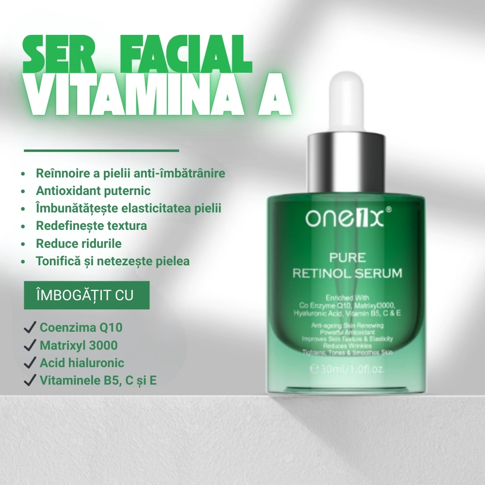 Ser facial cu Vitamina A, Coenzima Q10, Matrixyl 3000, Acid Hialuronic, Vitamina B5 - Anti‑îmbătrânire, Fermitate și Hidratare, 30 ml, ONE1X® - imagine 3