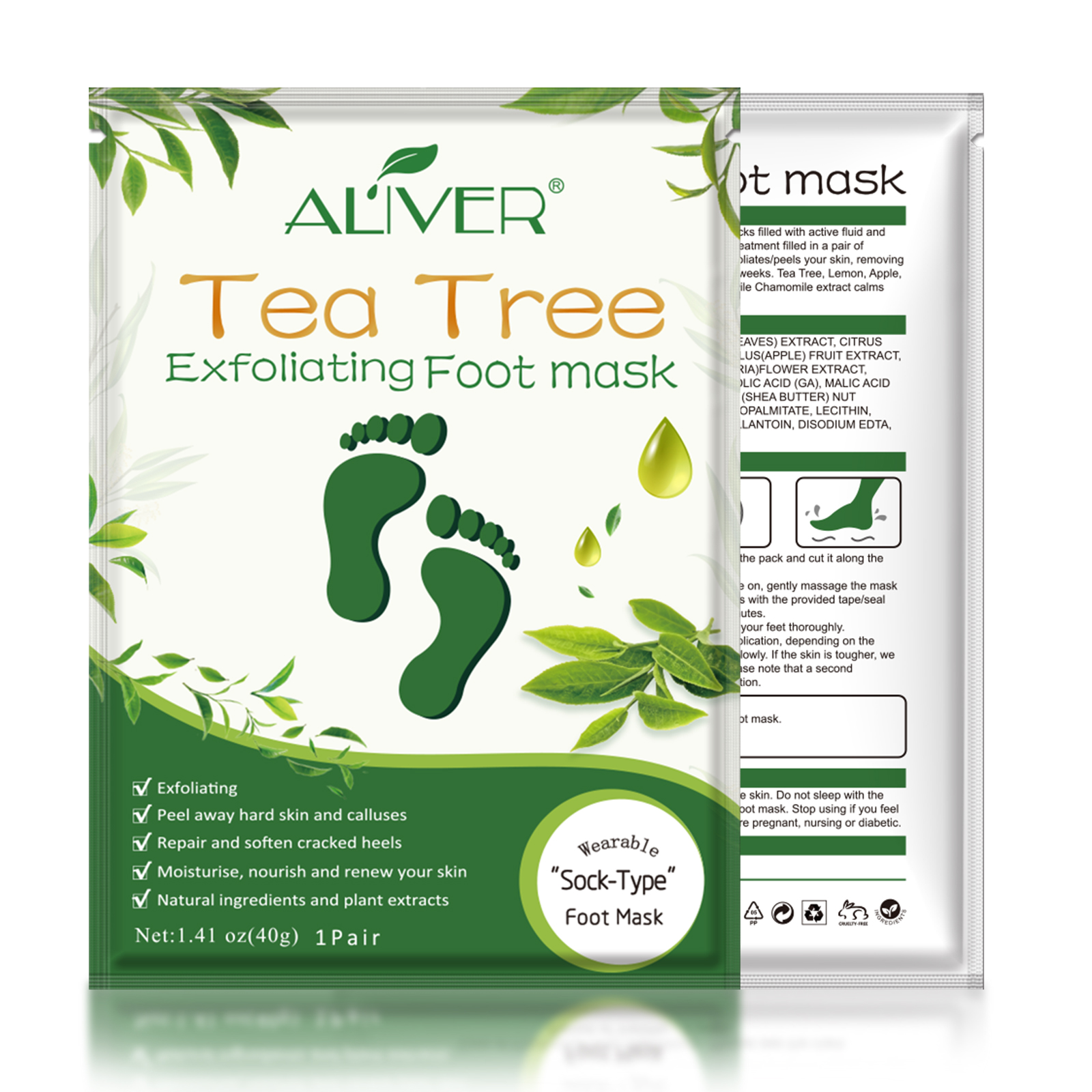 Șosete exfoliante, Mască pentru picioare cu extract de Arbore de Ceai (Tea Tree), Glicerină și Unt de Shea | Purificare profundă, calmare și regenerare pentru picioare, ALIVER® - imagine 4