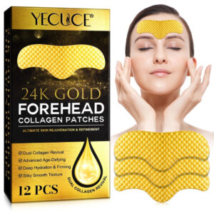 Mască de Frunte cu Aur de 24K, Colagen, Aloe Vera, Unt de Shea și Vitamina E | Anti-rid, Hidratare Intensă, Fermitate, Set 12 buc, YECUCE®