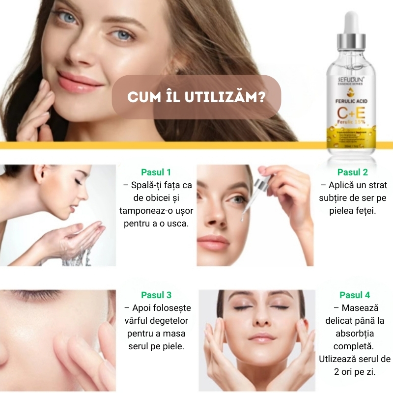 Ser facial anti-aging cu triplu impact, Acid Ferulic, Vitamina C + Vitamina E, pentru luminozitate și fermitate, 30 ml, SEFUDUN® - imagine 6