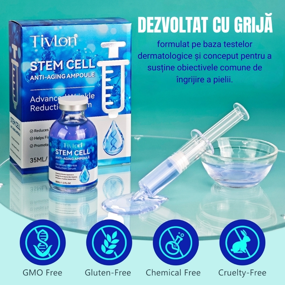 Ser facial Anti-Îmbătrânire cu Celule STEM | Vitamina B3, Colagen, Glicerină și Hialuronat de Sodiu | Hidratarea pielii și reducerea ridurilor | 35 ml, TIVLON® - imagine 5