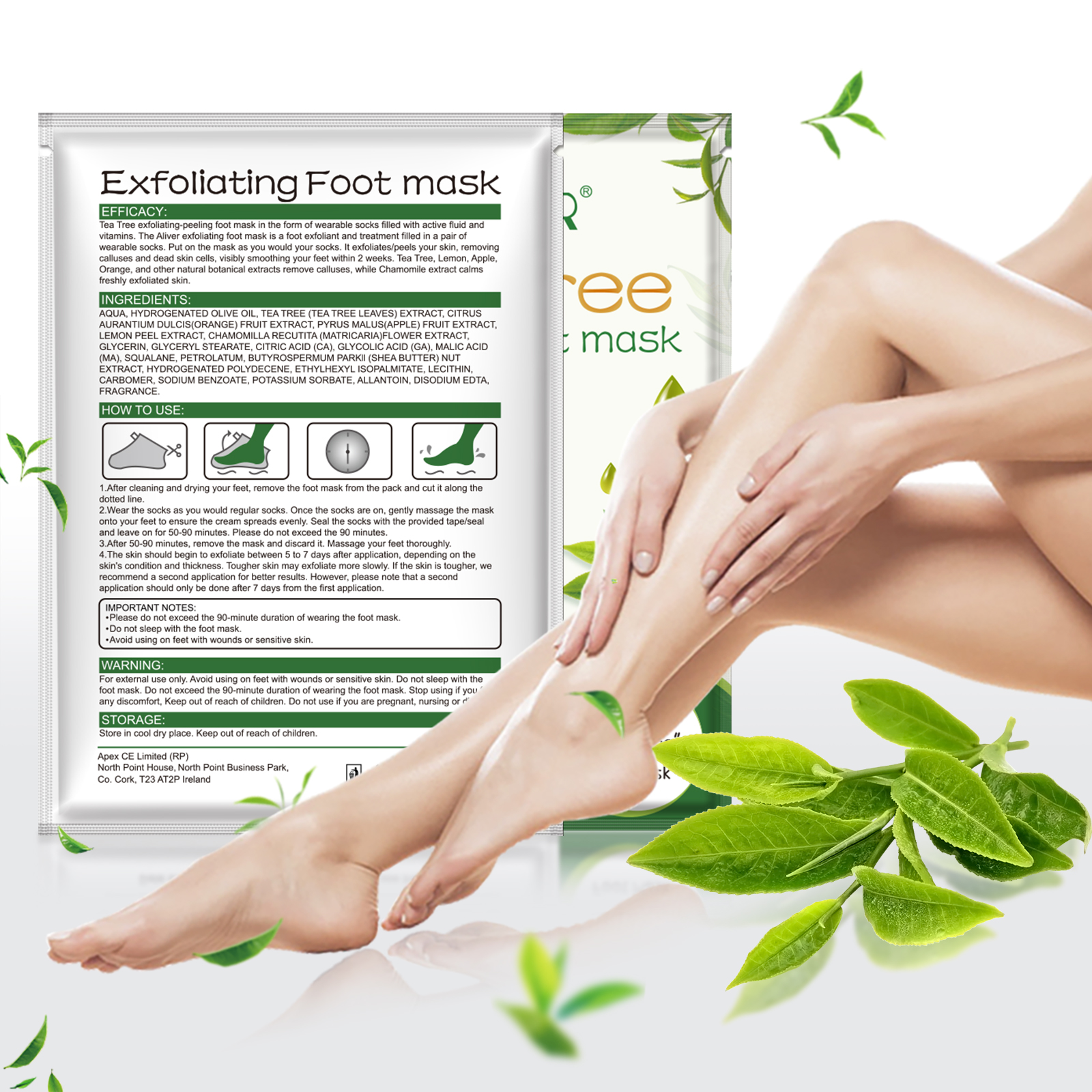 Șosete exfoliante, Mască pentru picioare cu extract de Arbore de Ceai (Tea Tree), Glicerină și Unt de Shea | Purificare profundă, calmare și regenerare pentru picioare, ALIVER® - imagine 3