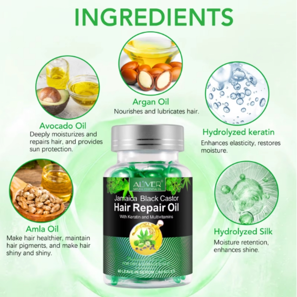 Capsule cu Ulei de Ricin Negru Jamaican, Keratină și Multivitamine pentru tratamentul părului deteriorat | ALIVER®, 40 buc - imagine 3
