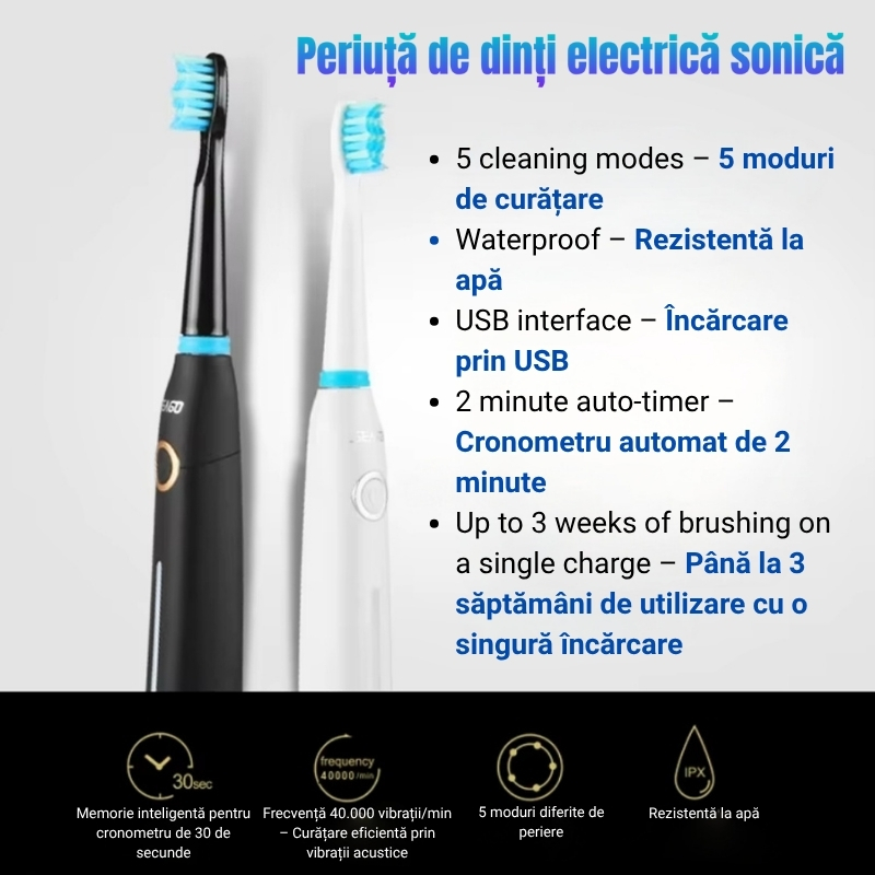 Periuță de dinți electrică sonică Seago SG-958 – Reîncărcabilă, inteligentă, impermeabilă IPX7, cu 5 moduri de periere și 6 capete de rezervă, negru - imagine 2