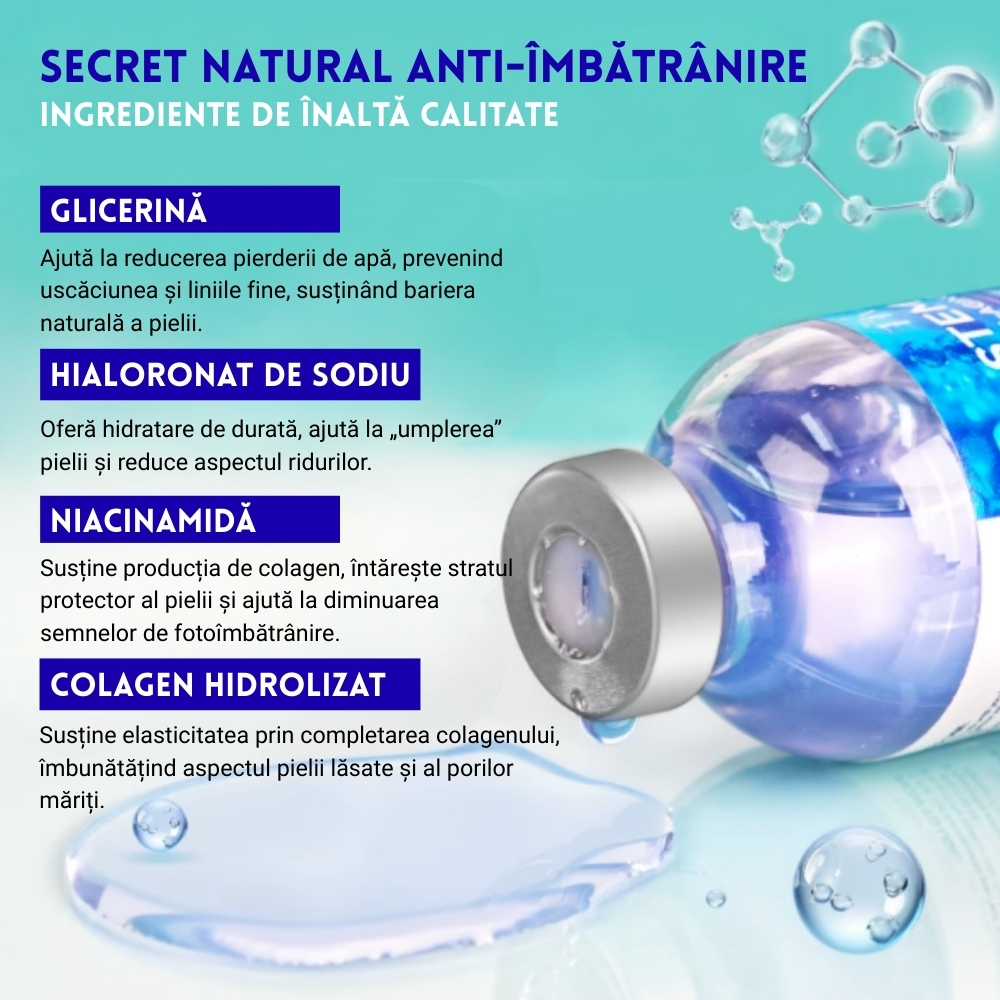 Ser facial Anti-Îmbătrânire cu Celule STEM | Vitamina B3, Colagen, Glicerină și Hialuronat de Sodiu | Hidratarea pielii și reducerea ridurilor | 35 ml, TIVLON® - imagine 7