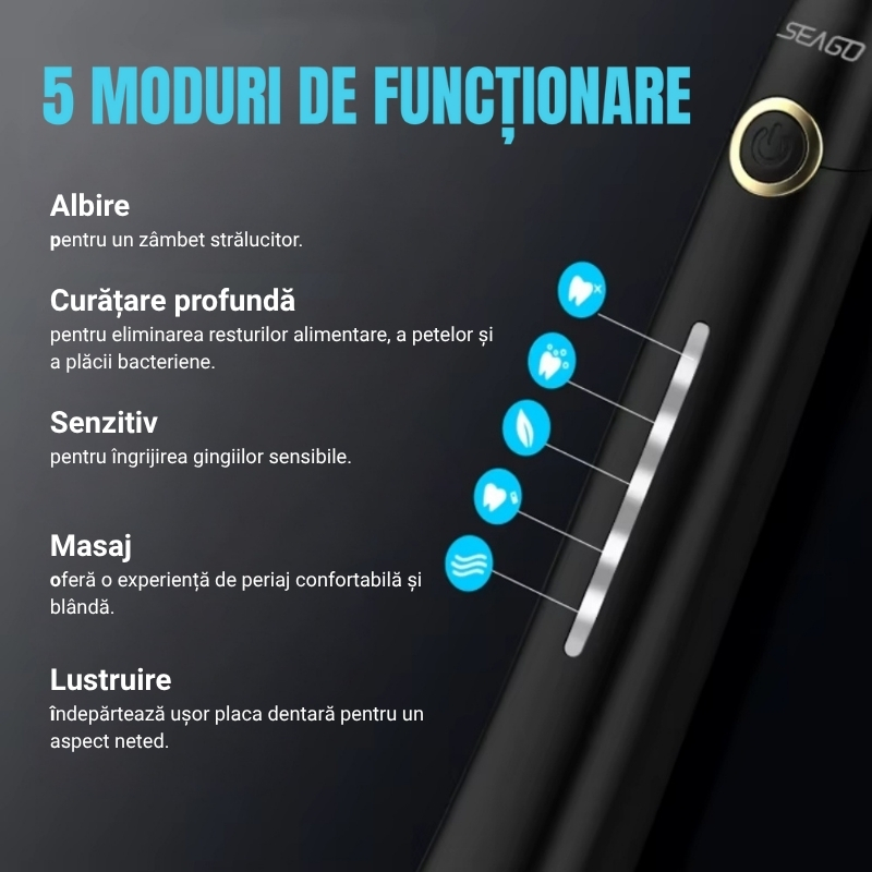 Periuță de dinți electrică sonică Seago SG-958 – Reîncărcabilă, inteligentă, impermeabilă IPX7, cu 5 moduri de periere și 6 capete de rezervă, negru - imagine 4