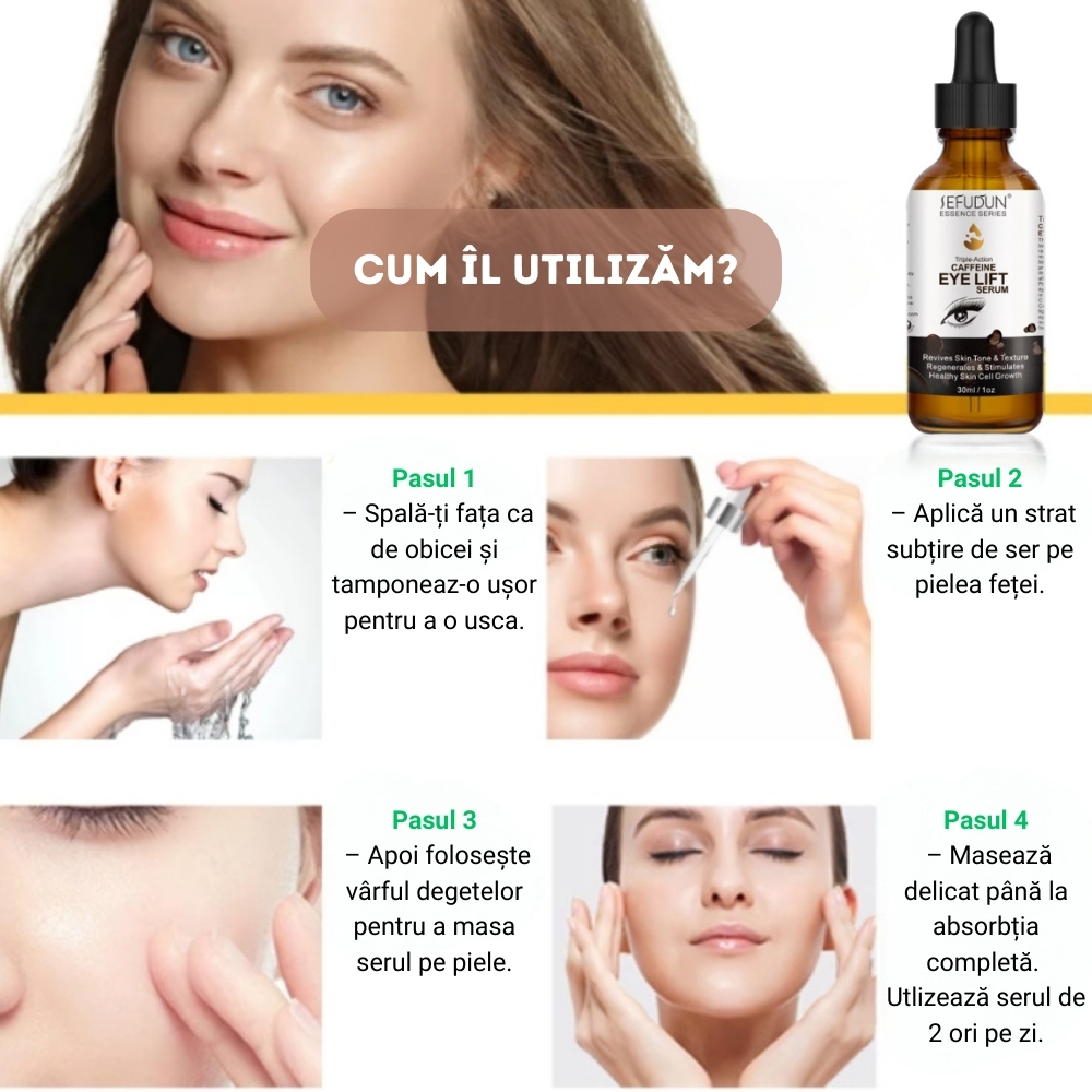 Ser facial cu Cafeină Eye Lift – Anti‑îmbătrânire, Fără Cearcăne și Pungi, Ingrediente 100% Organice, 30 ml, SEFUDUN® - imagine 9
