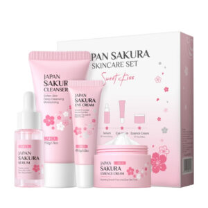 Set cosmetice 4 piese pentru îngrijire facială cu Extract de Flori de Cireș Japonez (Sakura) și Gingseng, Acid Hialuronic și Niacinamidă | Hidratare, Luminozitate, Fermitate, LAIKOU®