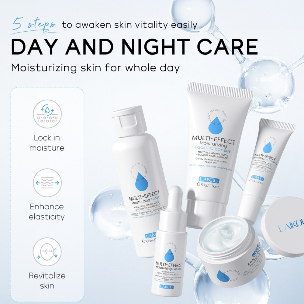 Set cosmetice, 5 piese pentru îngrijire facială cu Hialuronat de Sodiu și Aminoacizi multipli | Curățare, Luminozitate, Hidratare și Uniformizare ten | LAIKOU® - imagine 2