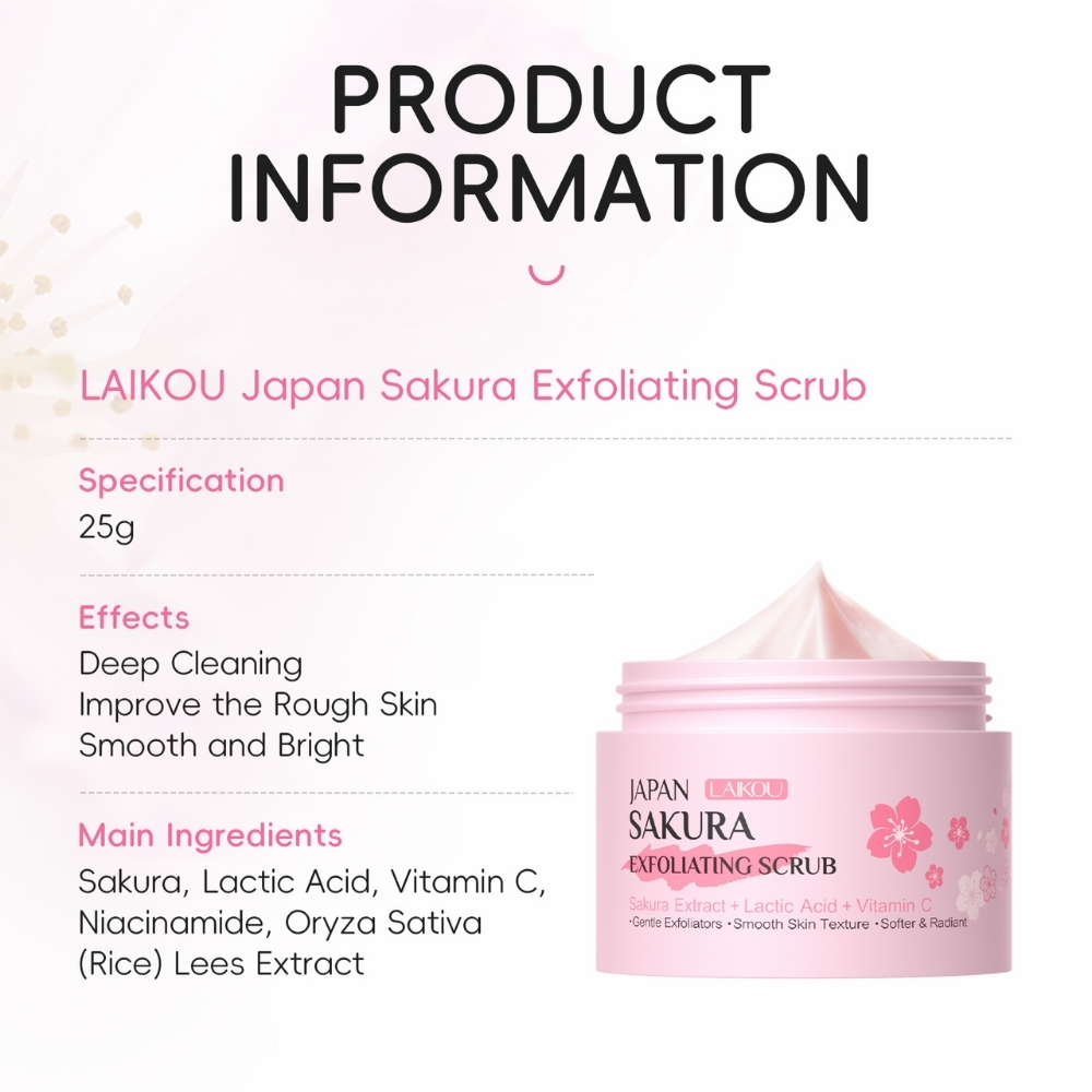 Scrub pentru corp cu Extract de Flori de Cireș Japonez (Sakura), Niacinamidă și Vitamina C, 25 gr, LAIKOU® - imagine 4