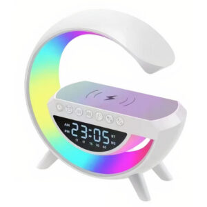 Lampă Multifuncțională Smart, LED RGB, Boxă Bluetooth, Hands Free, Încărcător Wireless, Ceas Digital și Efecte Multicolore, 23×23 cm