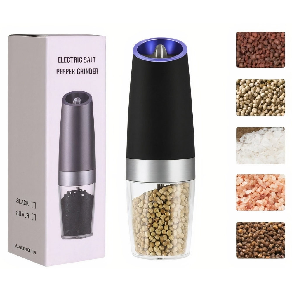 Râșniță Electrică Automată din Inox pentru Sare și Piper, cu Inducție Gravitațională și LED, 20×7 cm - imagine 2