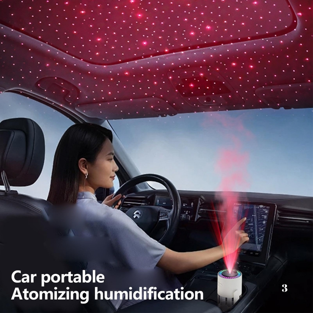 Umidificator, Aromadifuzor Portabil și Proiector de Stele, cu Lumină Ambientală și Cap Rotativ, pentru Acasă, Birou, Yoga, Spa, Mașină, 280ml, Roz - imagine 4