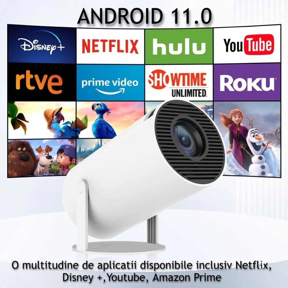 Videoproiector portabil Inteligent cu boxă integrată, Microfon Wireless, Smart, 4K, Proiecție Ajustabilă Autofocus 130 inch, Android 11.0, Wi-Fi, Bluetooth, alb - imagine 4