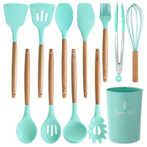 Set 12 Ustensile de Bucătărie din Silicon, 32 cm, cu Mânere din Lemn, turcoaz