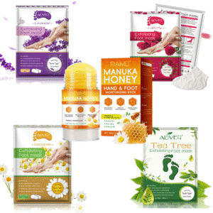 Set Îngrijire picioare compus din 4 Perechi de Șosete exfoliante, cu Acid Hialuronic și extracte de Mușețel, Arbore de Ceai, Lavandă și Trandafiri + 1 Balsam cu Miere de Manuka | Calmarea pielii & Exfoliere delicată, ALIVER®