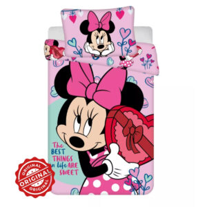 Lenjerie de pat copii, Minnie Sweets, Husă de pilotă 100×135 cm + Față de pernă 40×60 cm, 100% bumbac, licențiat DISNEY®