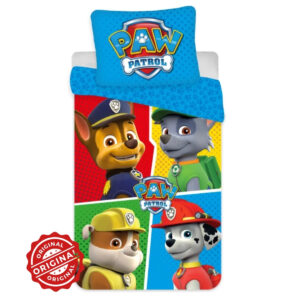 Lenjerie de pat copii, Patrula Cățelușilor, Color Blocks, Husă de pilotă 100×135 cm + Față de pernă 40×60 cm, 100% bumbac, Set licențiat Paw Patrol®