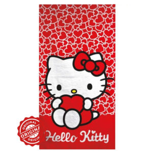 Prosop de baie și plajă pentru copii, microfibră cu absorbție rapidă, Hello Kitty Red, 70x140 cm, 300 gr, licență Sanrio®