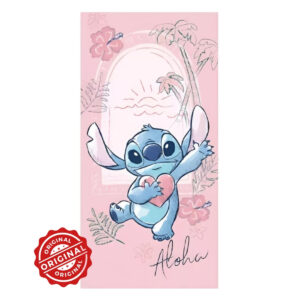 Prosop de baie și plajă pentru copii, microfibră cu absorbție rapidă, Stitch Aloha Pink, 70x140 cm, 306 gr, licență Disney®