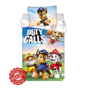 Lenjerie de pat copii, Patrula Cățelușilor, Duty Calls, Husă de pilotă 100×135 cm + Față de pernă 40×60 cm, 100% bumbac, Set licențiat Paw Patrol®