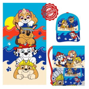Set copii Paw Patrol, prosop 70x140 cm, sac de gimnastică 32x29 cm și șapcă de baseball 53 cm, 324 gr, licență oficială Paw Patrol®