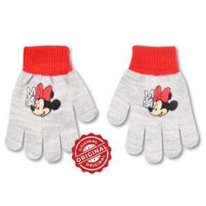 Mănuși tricotate pentru copii, Minnie Mouse gri cu manșetă roșie, acril, licență oficială Disney®
