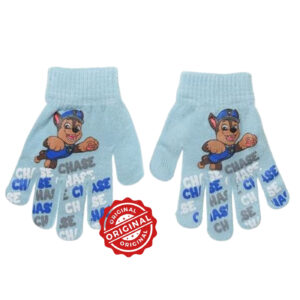 Mănuși tricotate pentru copii, Patrula Cățelușilor Chase, bleu deschis cu imprimeu „CHASE” colorat, acril, licență oficială PAW Patrol®